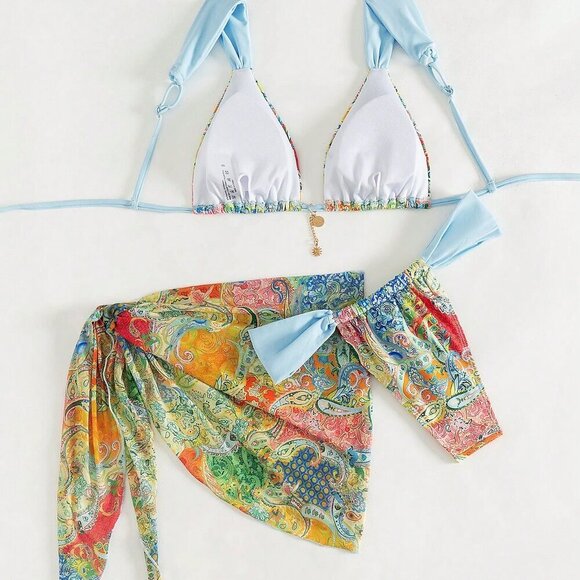 Multicolor Boho Women's Paisley Print Lightweight 3-Piece Bikini Set - Picture 3 of 6